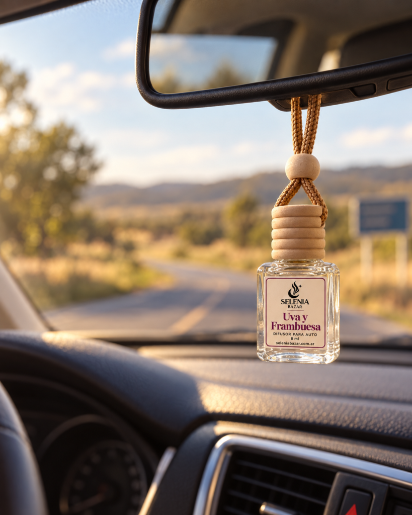 Difusor Selenia Bazar de 8 ml colgando del espejo de un auto, con una ruta de fondo.
