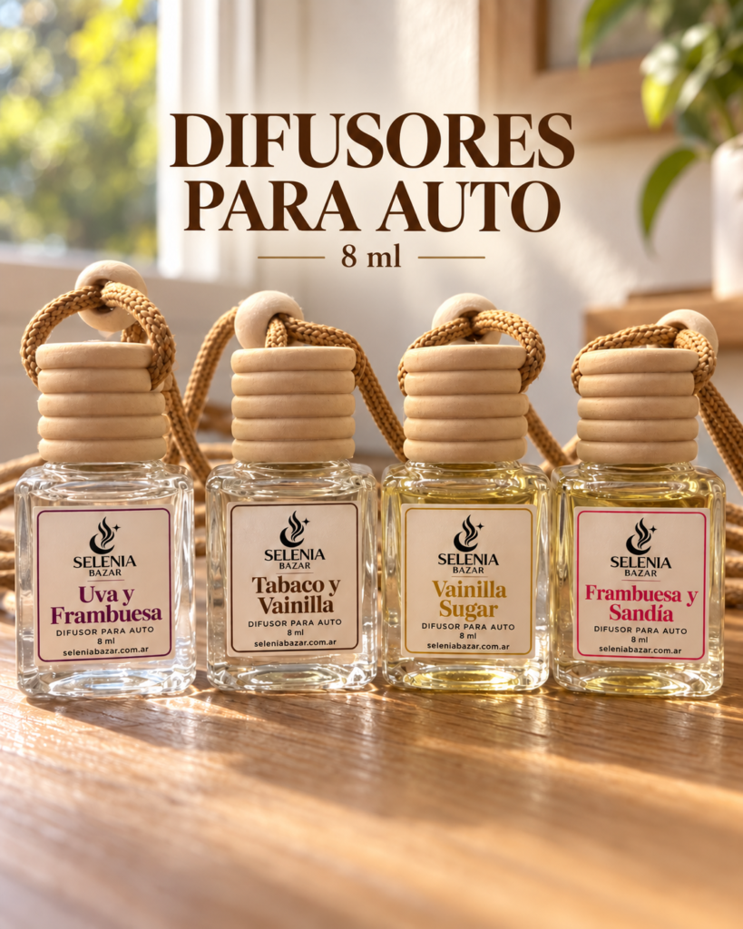 Cuatro difusores para autos Selenia Bazar de 8 ml, con frascos de vidrio y tapas de madera.