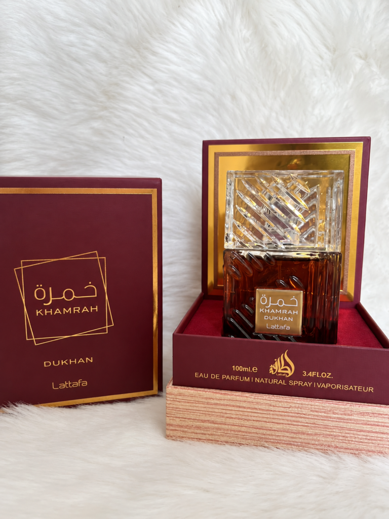 Perfume árabe 100 ml — Caja bordó con frasco de vidrio y caja.